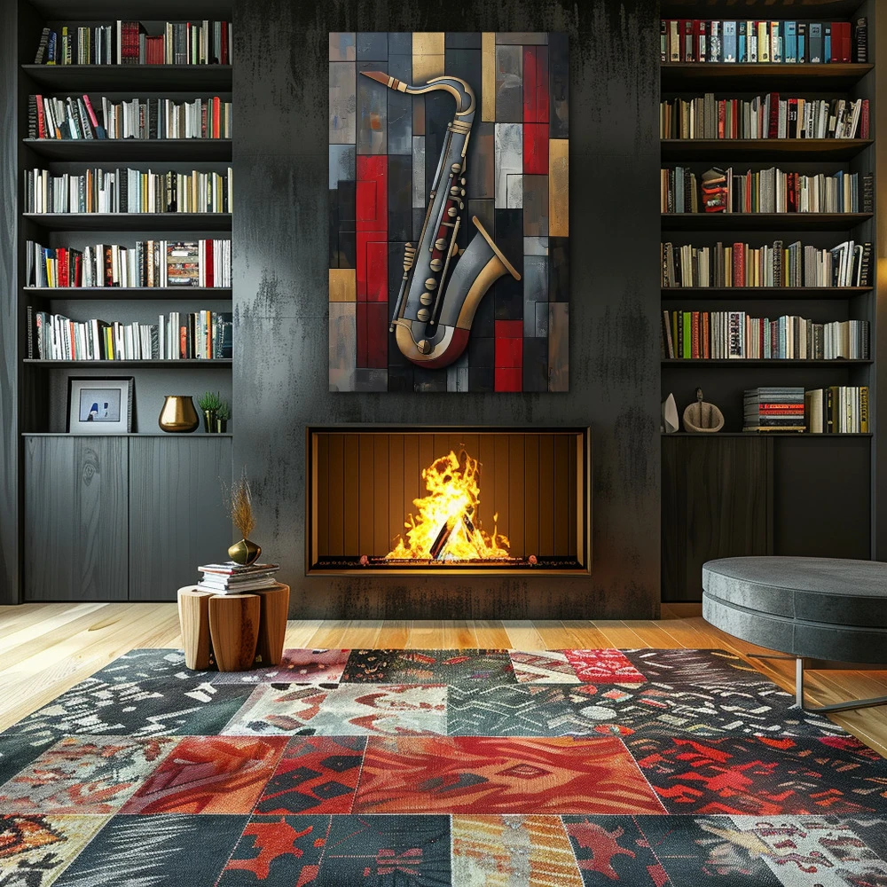 Wall Art titled: Essence of Jazz in a Vertical format with: Grey, Black, and Red Colors; Decoration the Fireplace wall
