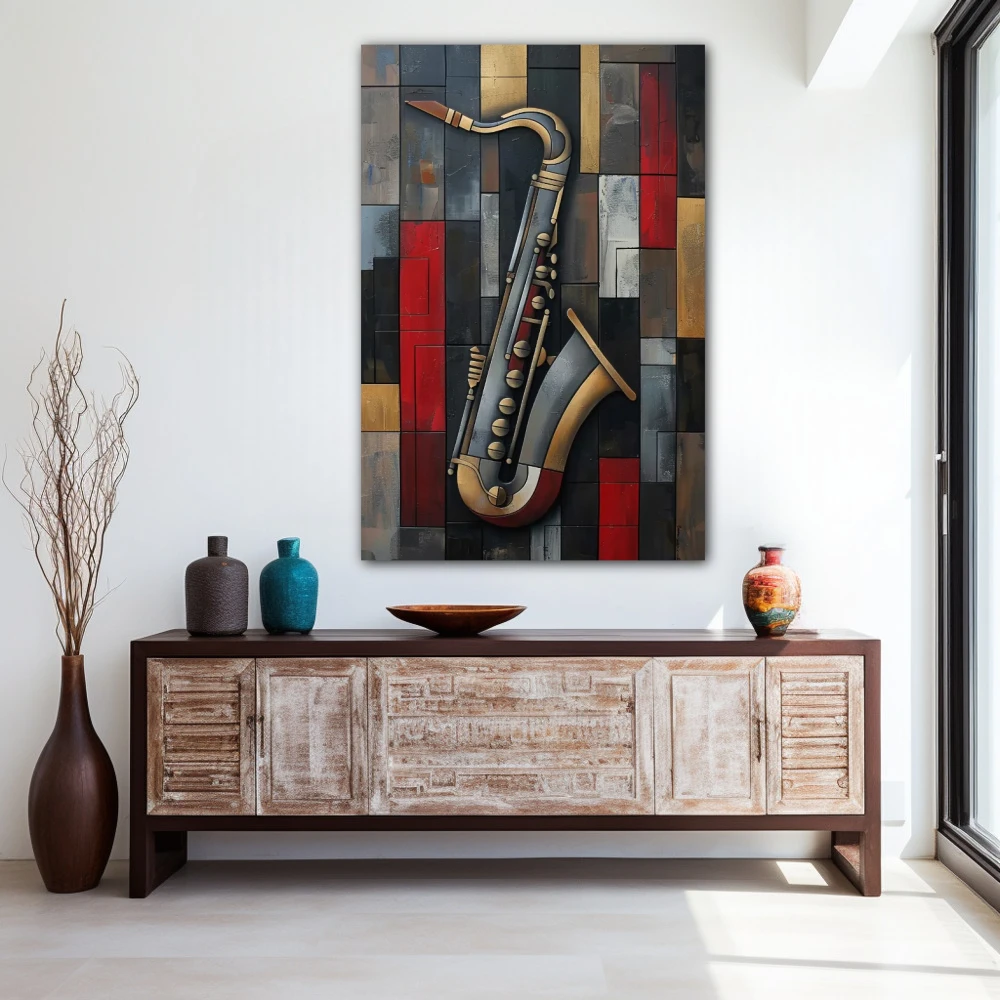 Wall Art titled: Essence of Jazz in a Vertical format with: Grey, Black, and Red Colors; Decoration the Entryway wall