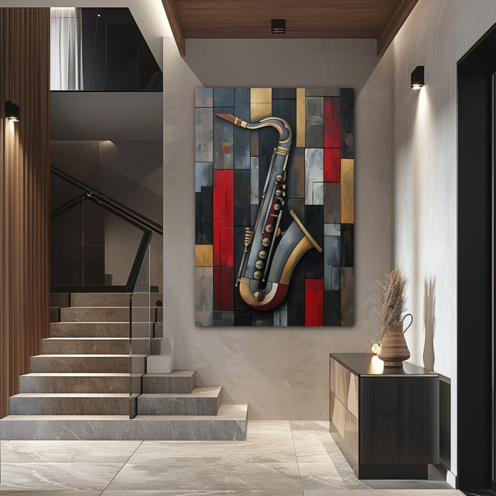 Wall Art titled: Essence of Jazz in a Vertical format with: Grey, Black, and Red Colors; Decoration the Staircase wall