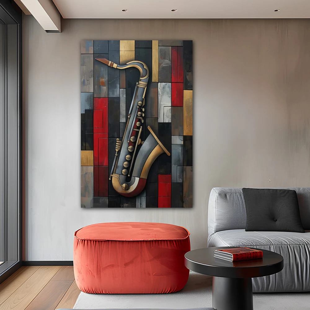 Wall Art titled: Essence of Jazz in a Vertical format with: Grey, Black, and Red Colors; Decoration the Grey Walls wall