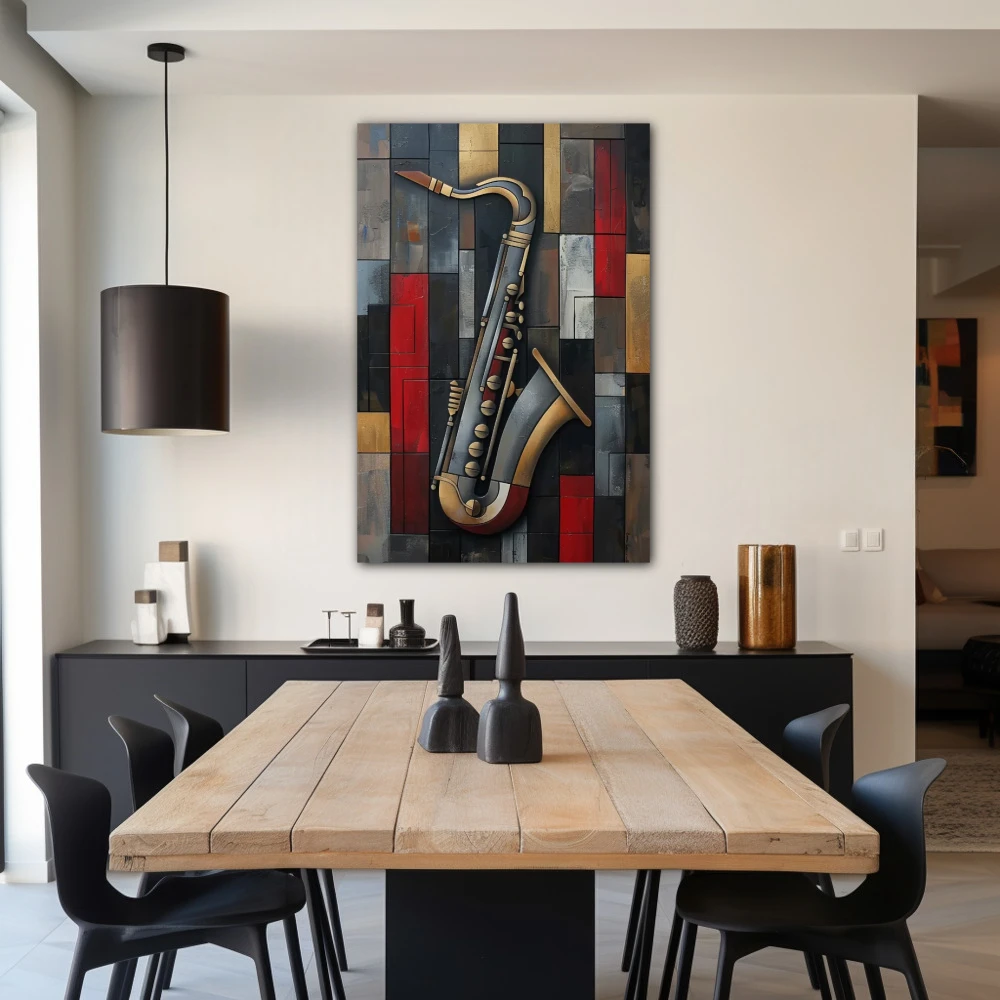 Cuadro esencia de jazz en formato vertical con colores gris, negro, rojo; decorando pared de salón comedor
