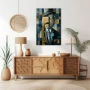 Wall Art titled: Melody in Geometric Shades in a Vertical format with: Blue, and Beige Colors; Decoration the Sideboard wall