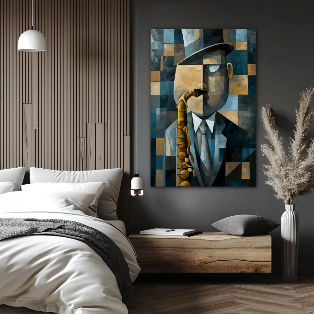 Cuadro melody in geometric shades en formato vertical con colores azul, beige; decorando pared de habitación dormitorio