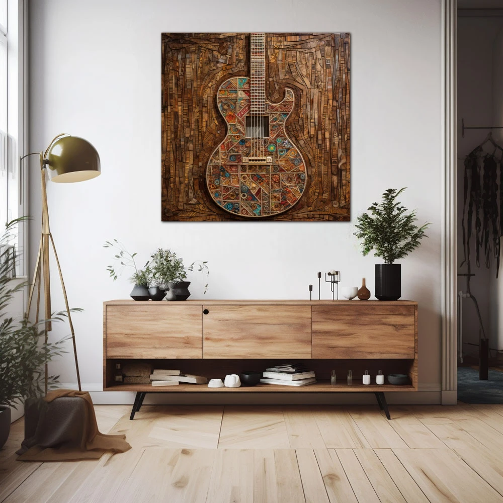 Cuadro melodía en madera en formato cuadrado con colores marrón, turquesa; decorando pared de aparador
