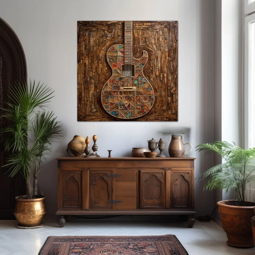 Cuadro melodía en madera en formato cuadrado con colores marrón, turquesa; decorando pared de aparador