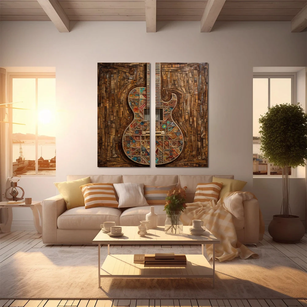 Wall Art titled: Melody in Wood in a Square format with: Brown, and Turquoise Colors; Decoration the Apartamento en la playa wall