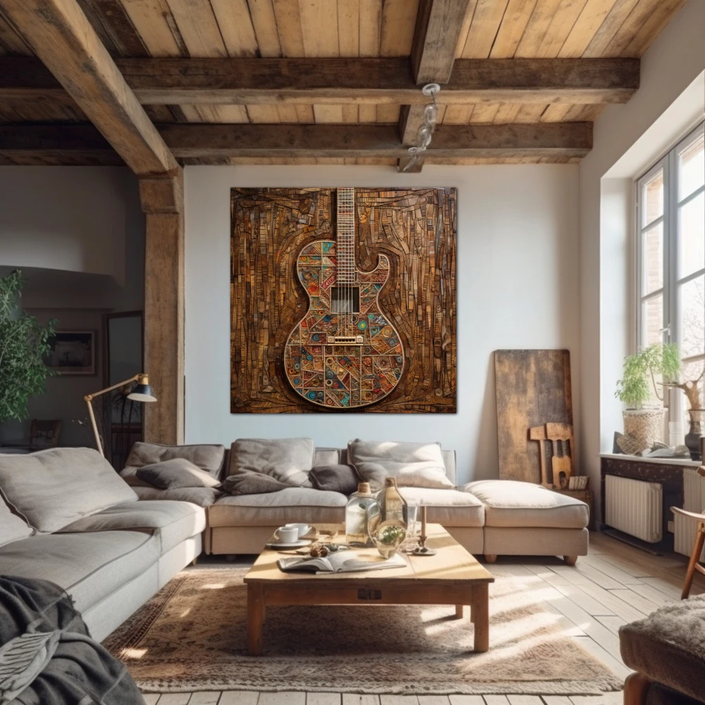 Cuadro melodía en madera en formato cuadrado con colores marrón, turquesa; decorando pared de encima del sofá