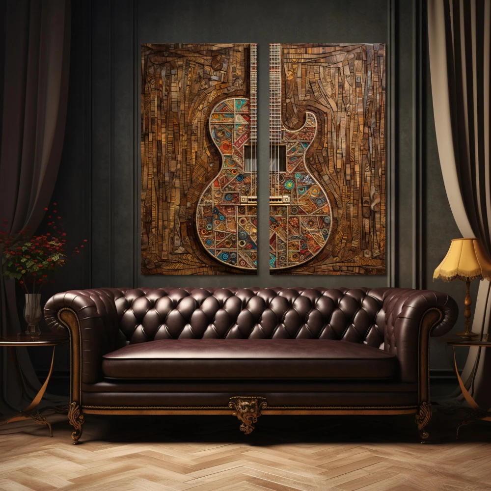 Cuadro melodía en madera en formato díptico con colores marrón, turquesa; decorando pared de encima del sofá