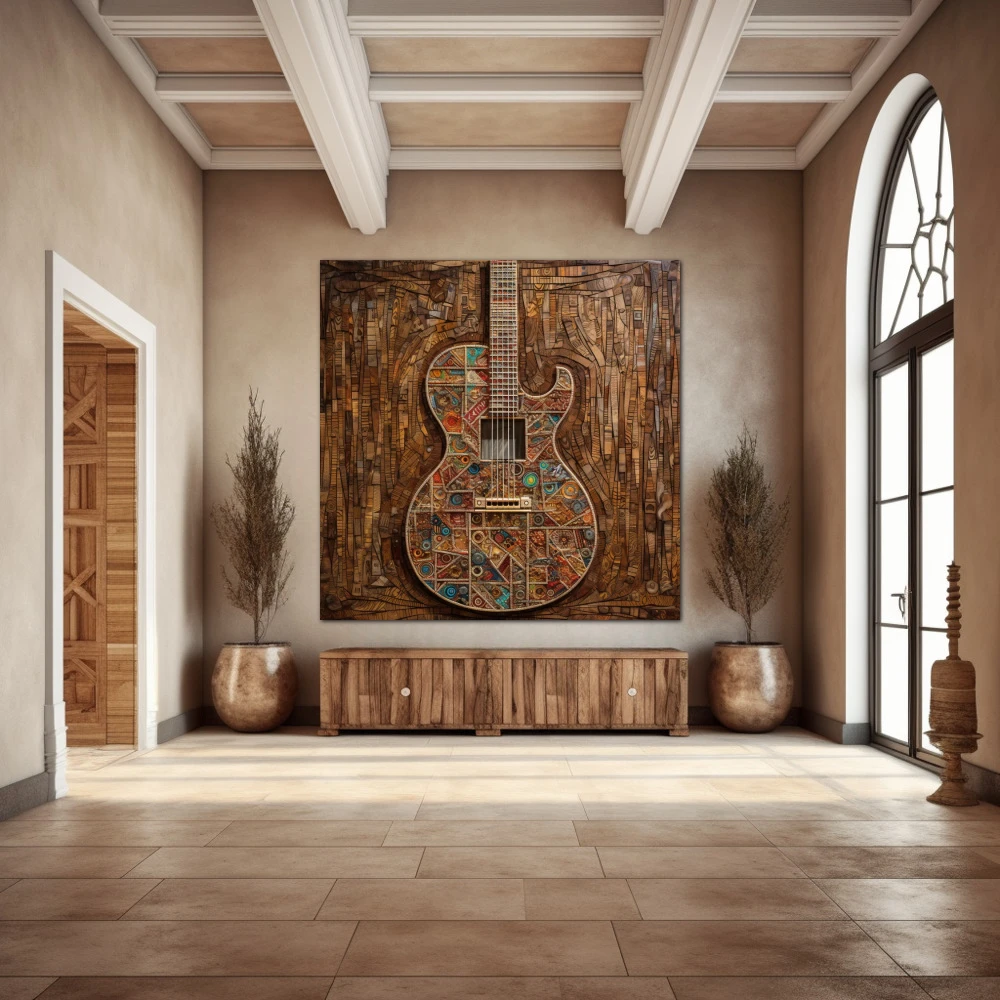 Cuadro melodía en madera en formato cuadrado con colores marrón, turquesa; decorando pared de entrada y recibidor