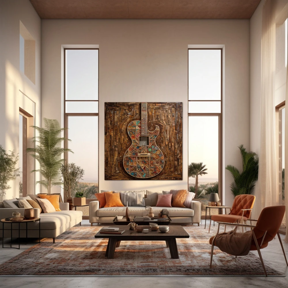Wall Art titled: Melody in Wood in a Square format with: Brown, and Turquoise Colors; Decoration the Living Room wall