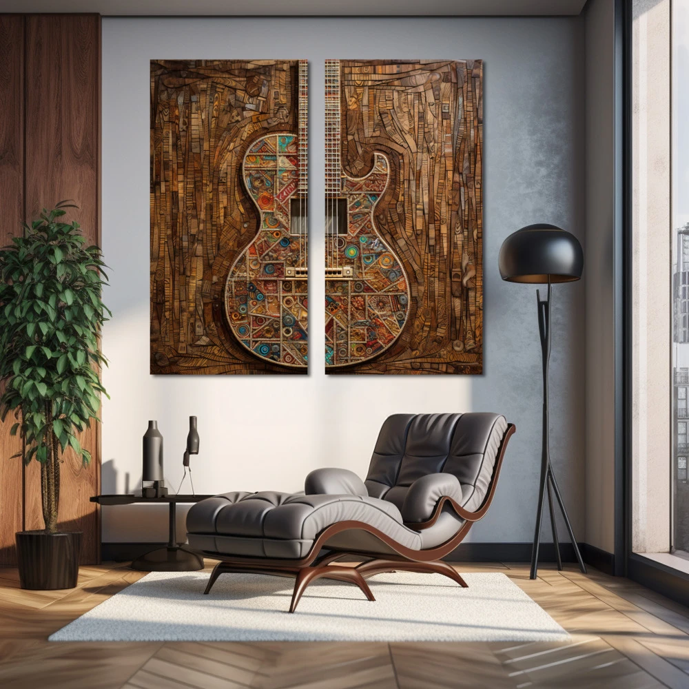 Cuadro melodía en madera en formato díptico con colores marrón, turquesa; decorando pared de salón comedor