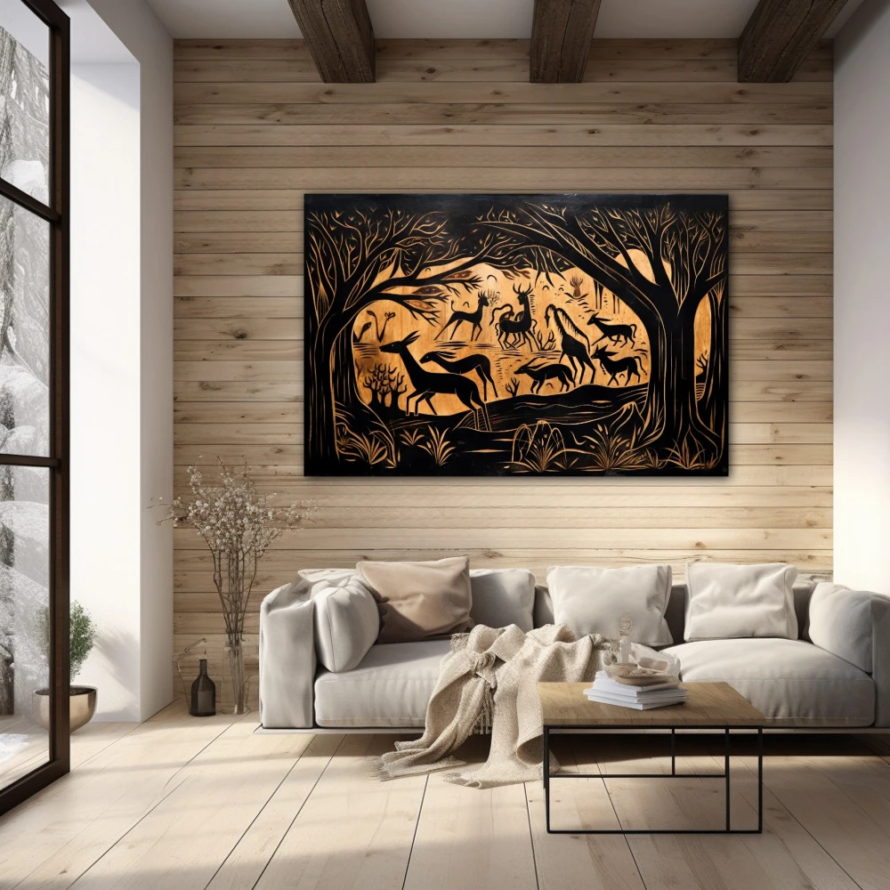 Cuadro naturaleza ancestral grabada en formato horizontal con colores marrón, negro, beige; decorando pared madera