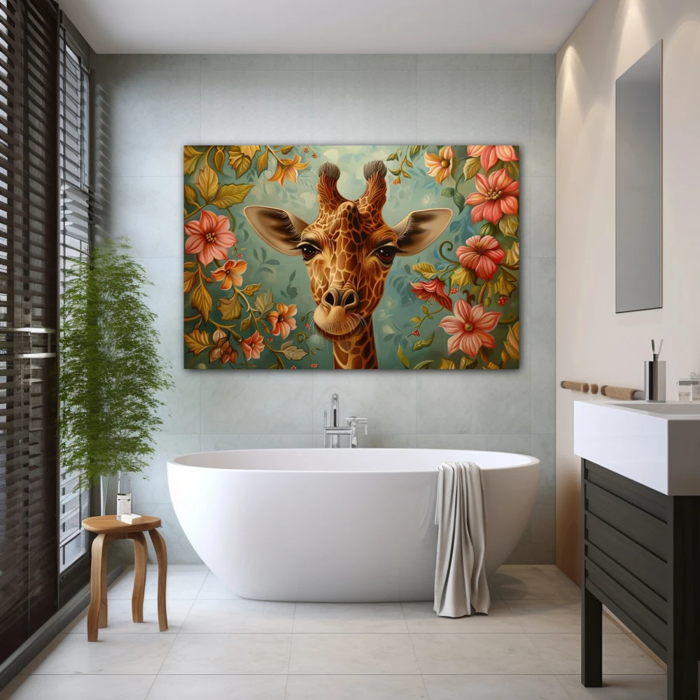 Wall Art titled: Giraffe in the Enchanted Garden in a Horizontal format with: Pink, Green, and Pastel Colors; Decoration the Bathroom wall