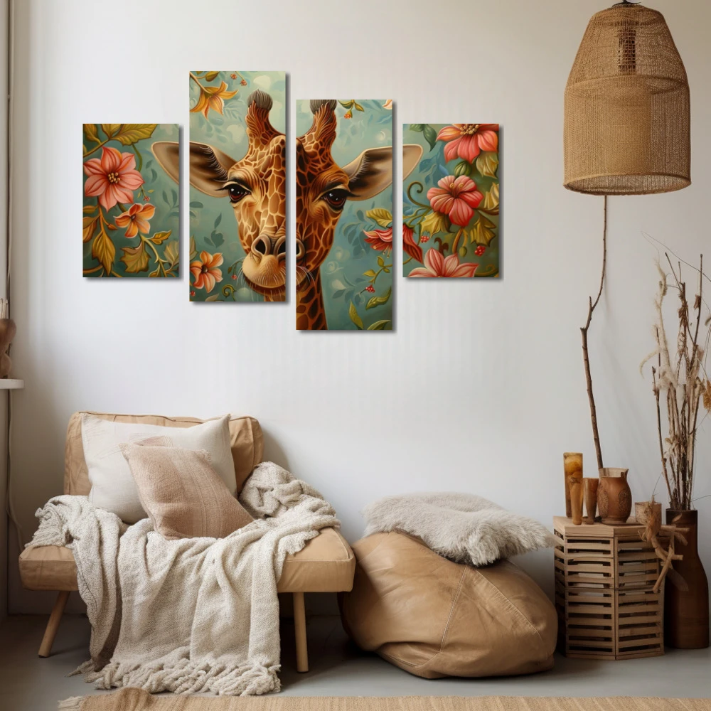 Wall Art titled: Giraffe in the Enchanted Garden in a Horizontal format with: Pink, Green, and Pastel Colors; Decoration the Beige Wall wall