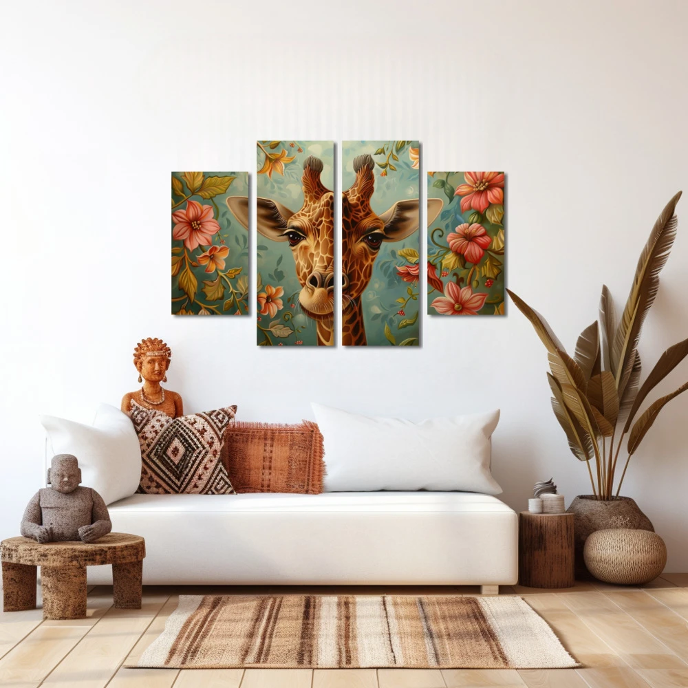 Wall Art titled: Giraffe in the Enchanted Garden in a Horizontal format with: Pink, Green, and Pastel Colors; Decoration the White Wall wall