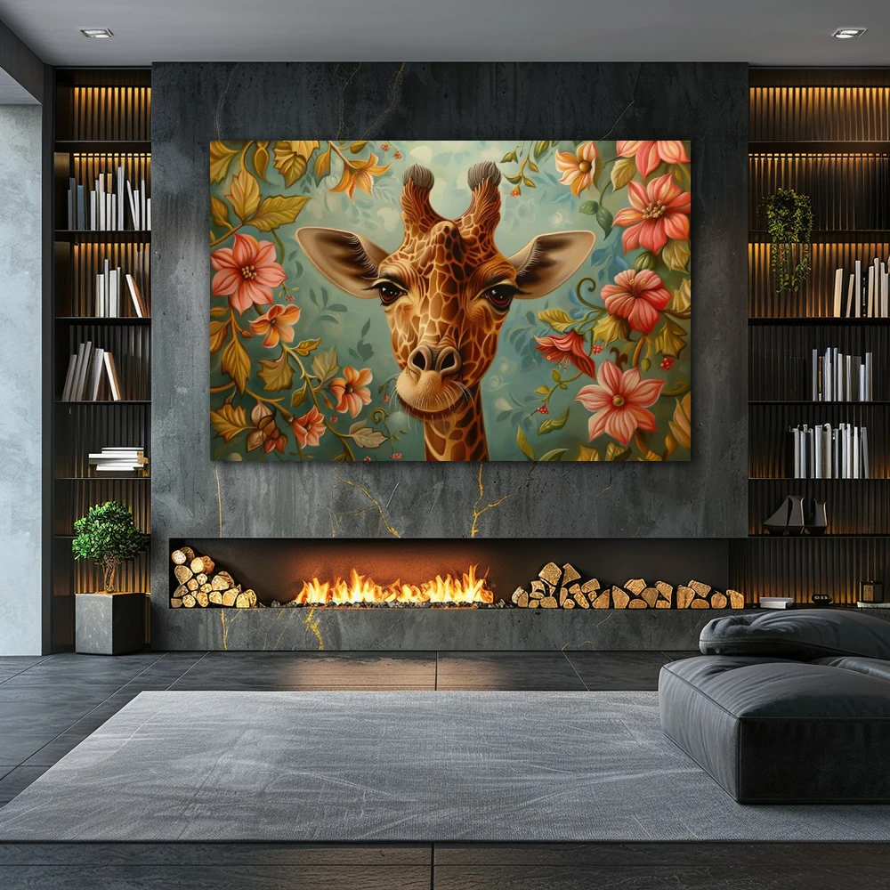 Wall Art titled: Giraffe in the Enchanted Garden in a Horizontal format with: Pink, Green, and Pastel Colors; Decoration the Fireplace wall