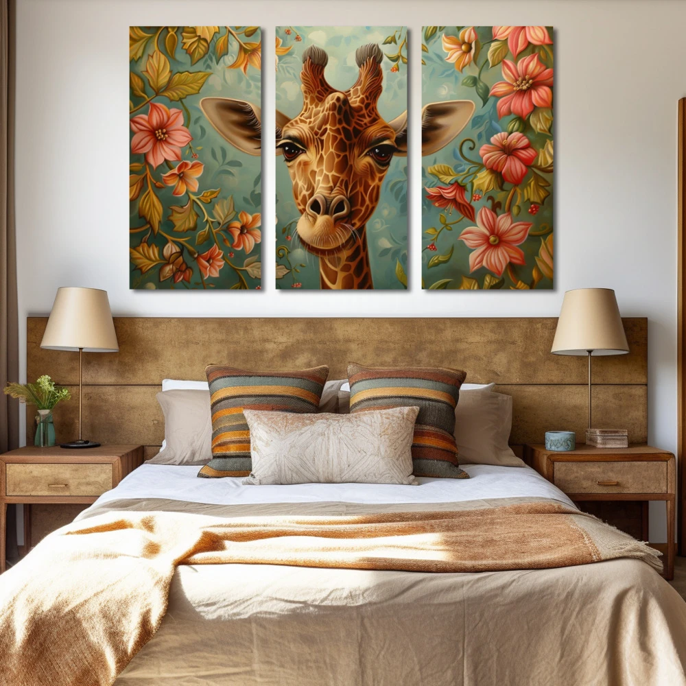 Wall Art titled: Giraffe in the Enchanted Garden in a Horizontal format with: Pink, Green, and Pastel Colors; Decoration the Bedroom wall