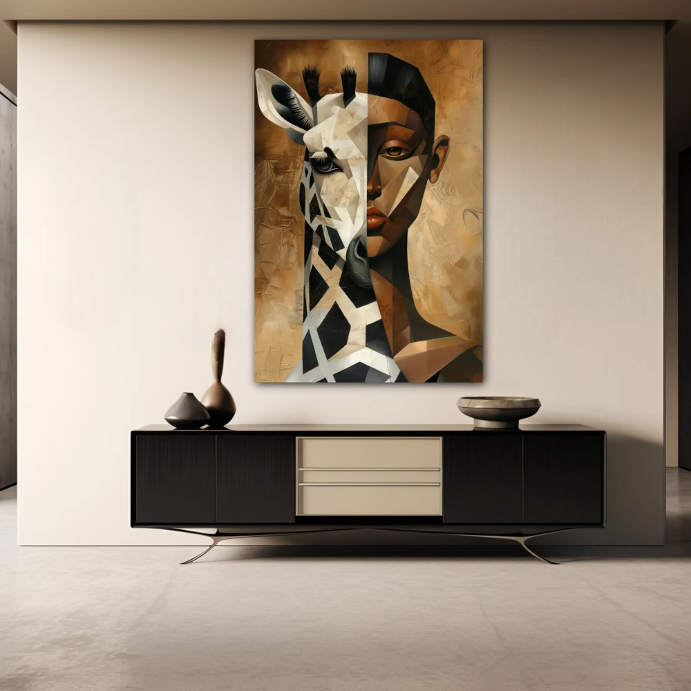Cuadro dualidad animal en formato vertical con colores blanco, marrón; decorando pared de aparador
