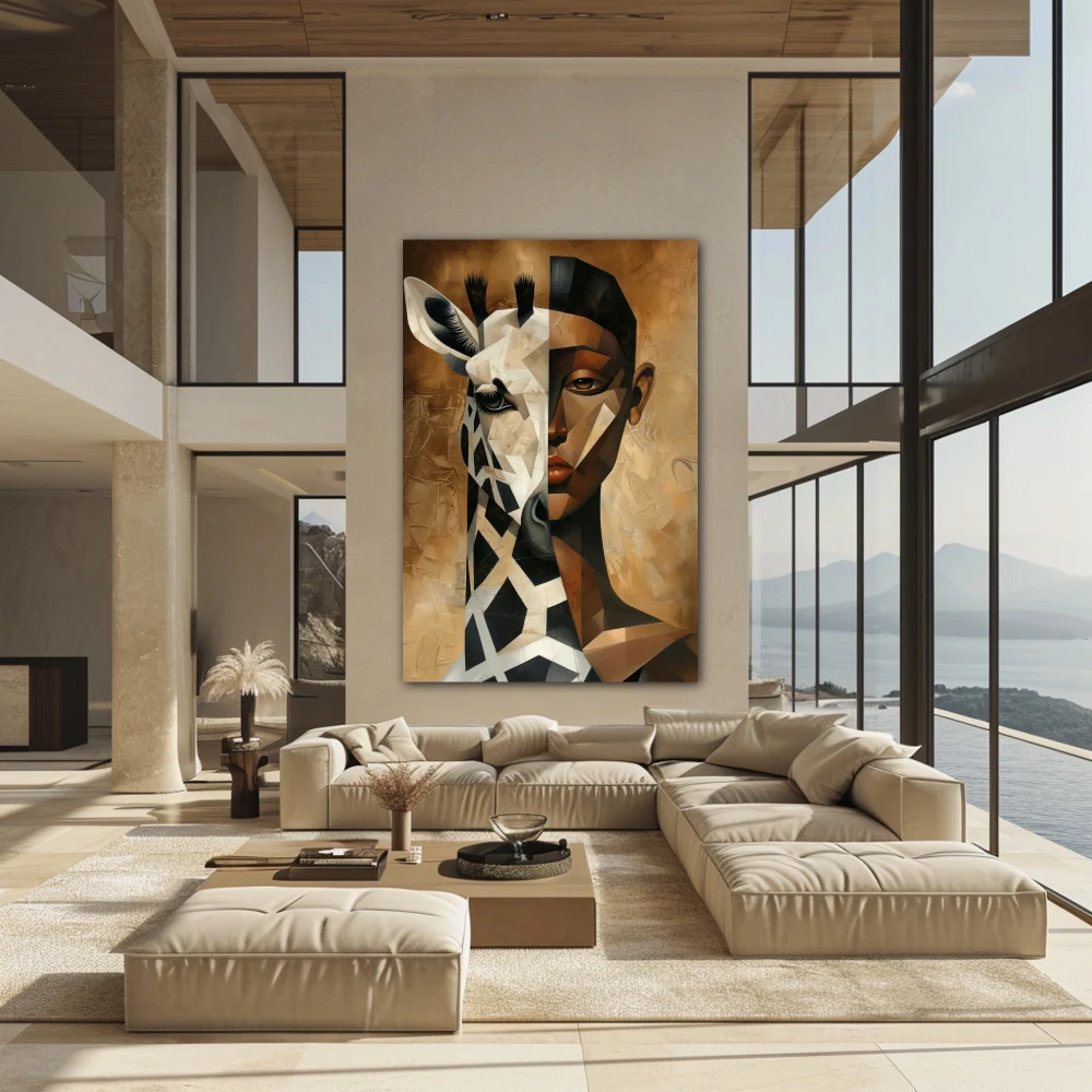 Cuadro dualidad animal en formato vertical con colores blanco, marrón; decorando pared de encima del sofá