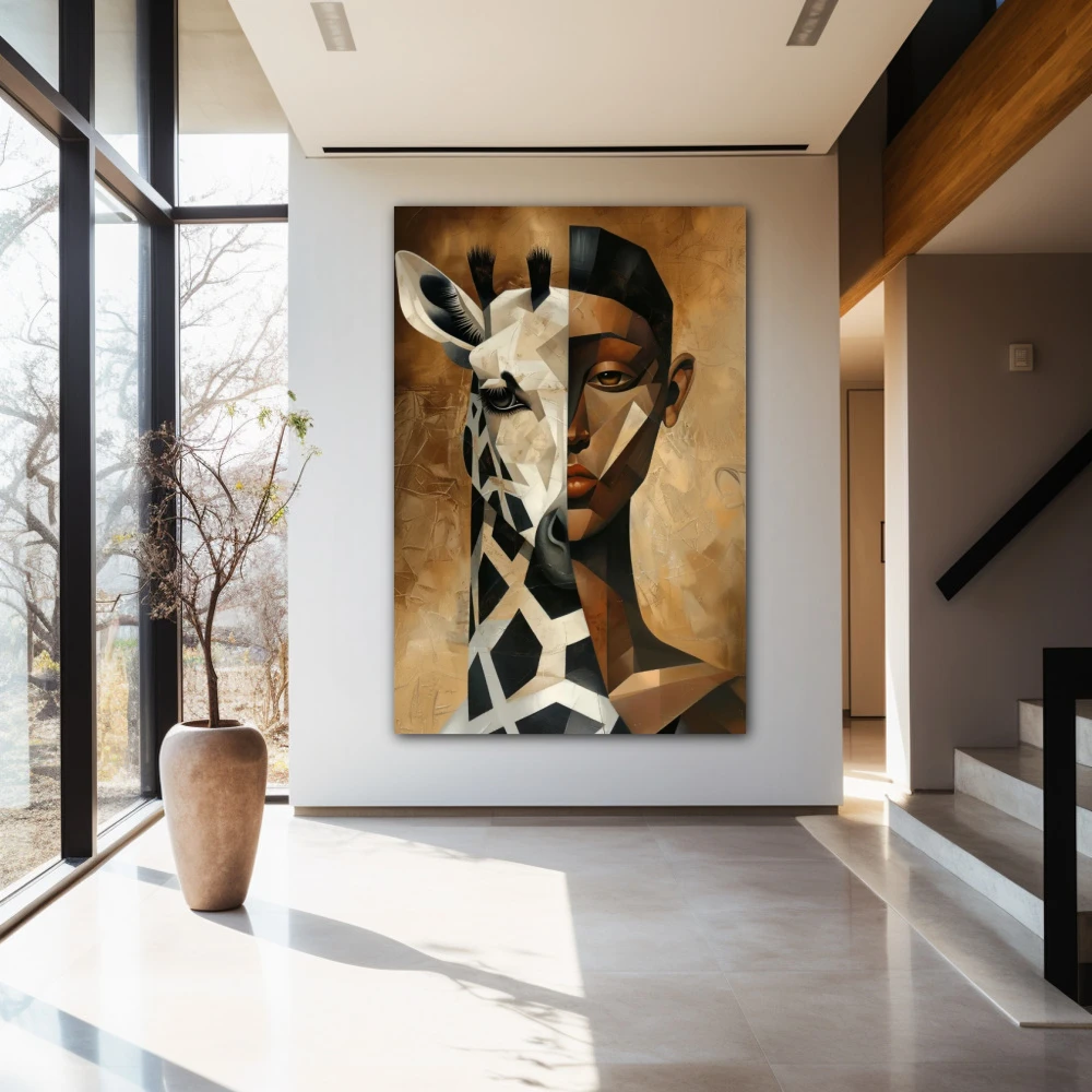 Wall Art titled: Animal Duality in a Vertical format with: white, and Brown Colors; Decoration the Entryway wall