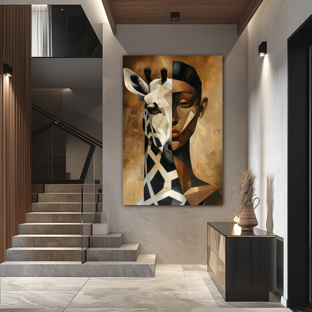 Cuadro dualidad animal en formato vertical con colores blanco, marrón; decorando pared de escalera