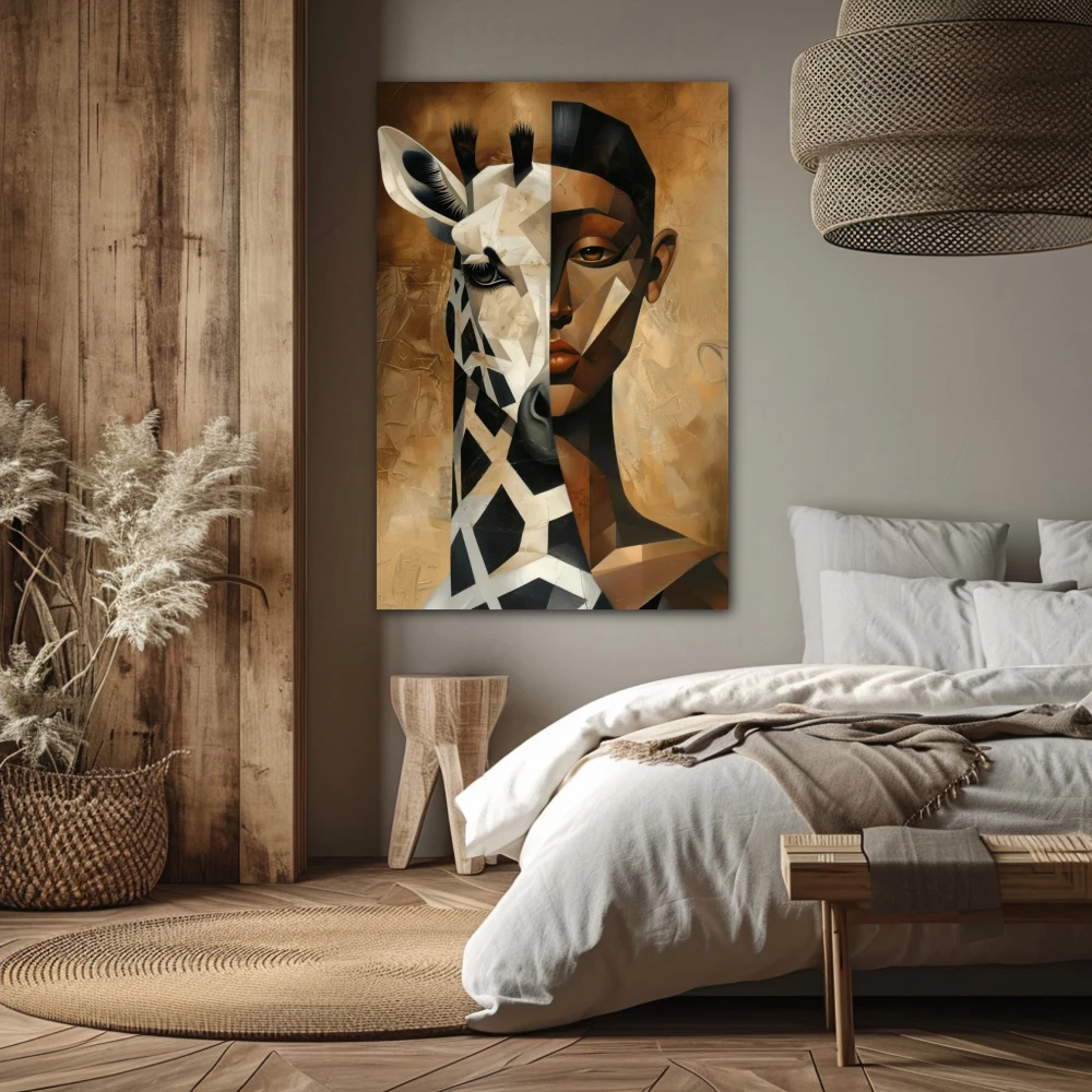 Cuadro dualidad animal en formato vertical con colores blanco, marrón; decorando pared de habitación dormitorio