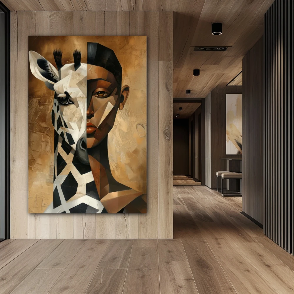 Cuadro dualidad animal en formato vertical con colores blanco, marrón; decorando pared de pasillo