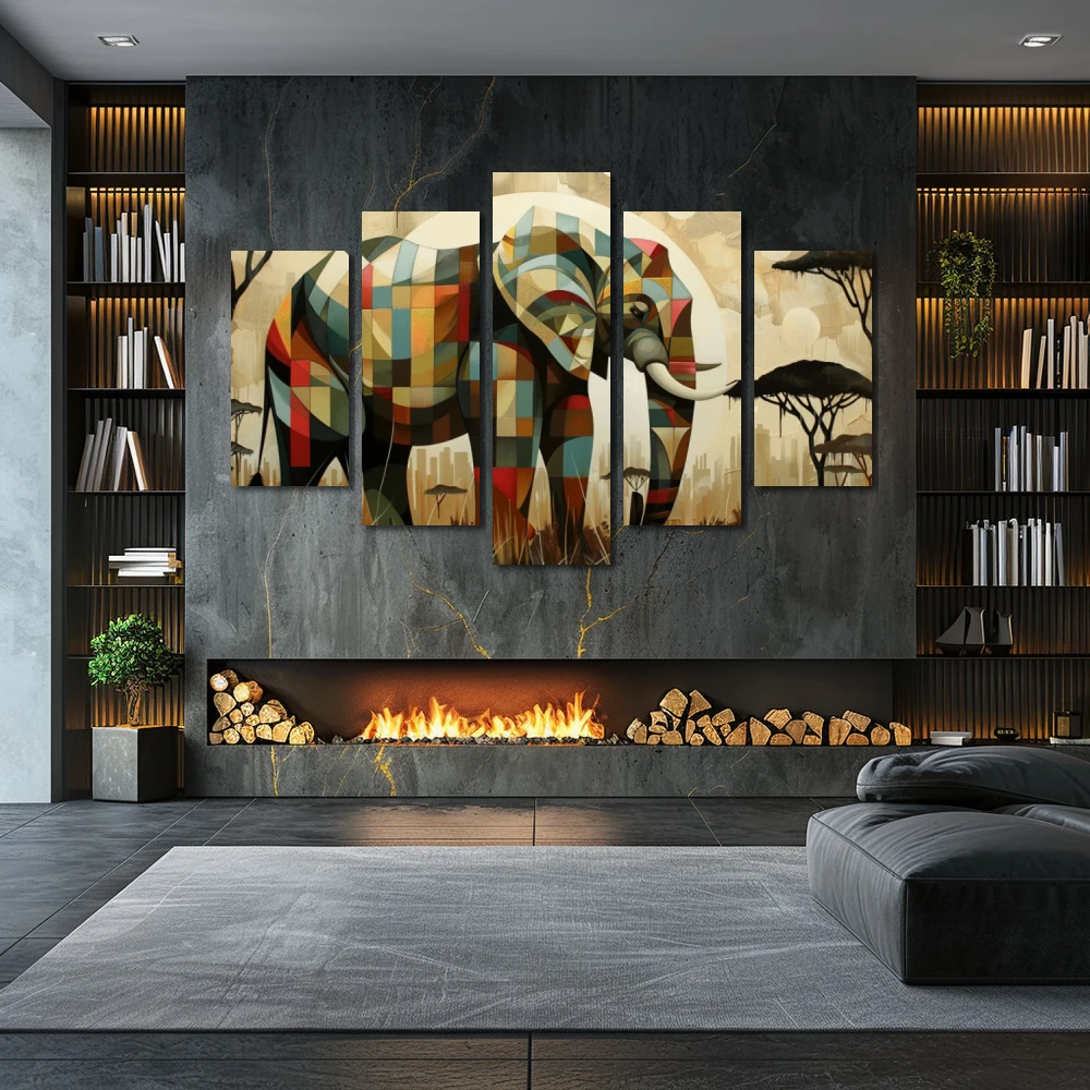 Wall Art titled: Spirit of the Savannah in a Horizontal format with: Brown, and Beige Colors; Decoration the Fireplace wall