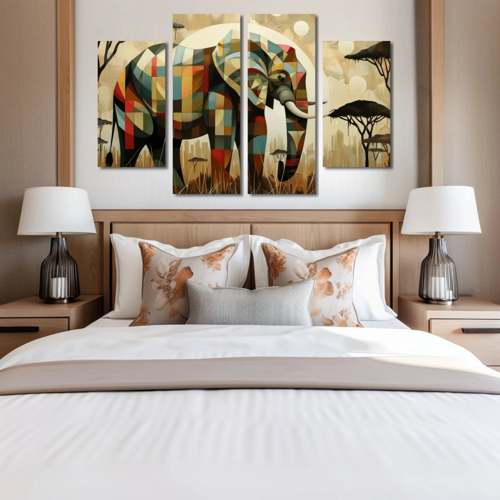 Cuadro espíritu de la sabana en formato políptico con colores marrón, beige; decorando pared de habitación dormitorio