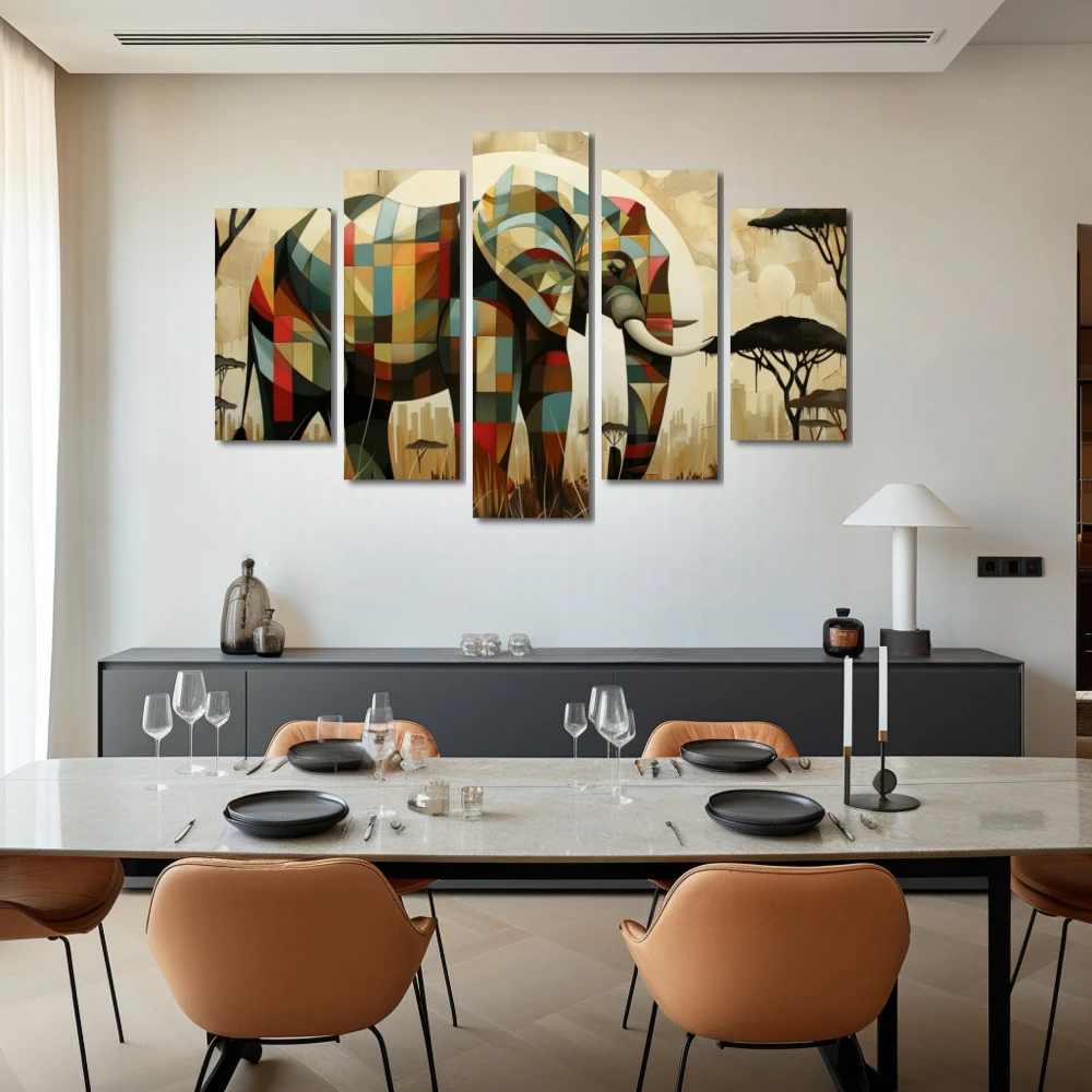 Cuadro espíritu de la sabana en formato políptico con colores marrón, beige; decorando pared de salón comedor