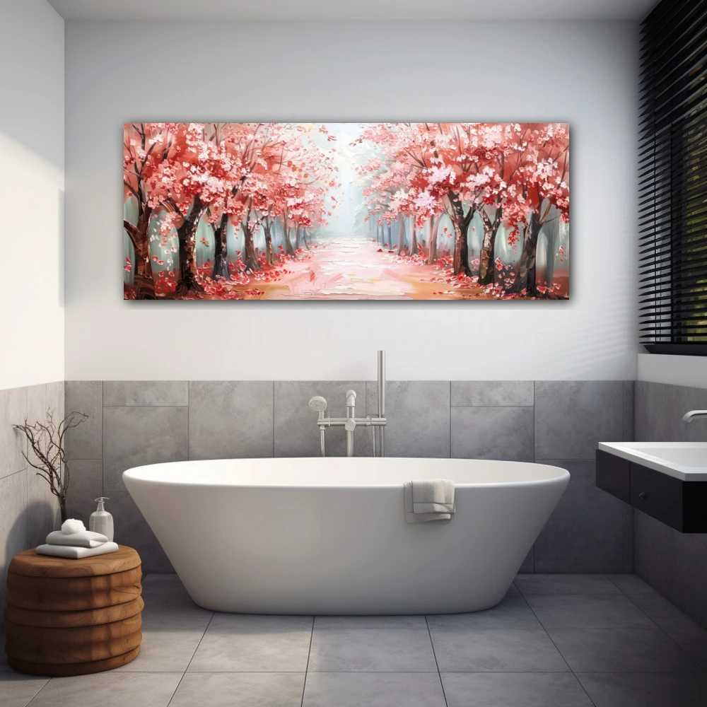 Cuadro perfume de primavera en formato apaisado con colores gris, rojo, rosa; decorando pared de baño