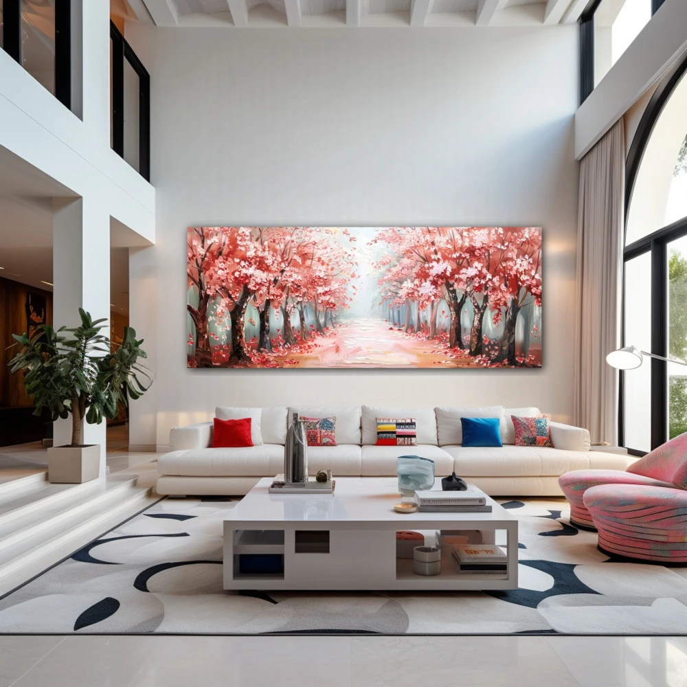 Wall Art titled: Spring Perfume in a Elongated format with: Grey, Red, and Pink Colors; Decoration the Living Room wall