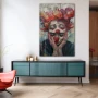 Wall Art titled: Emotional Dichotomy in a Vertical format with: Blue, Grey, and Red Colors; Decoration the Sideboard wall