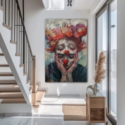 Wall Art titled: Emotional Dichotomy in a Vertical format with: Blue, Grey, and Red Colors; Decoration the Staircase wall