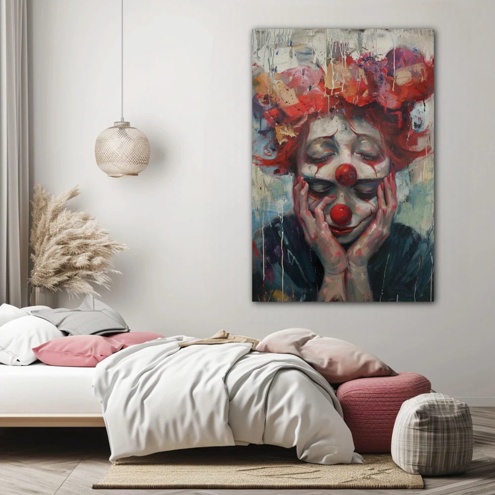 Cuadro dicotomía emocional en formato vertical con colores azul, gris, rojo; decorando pared de habitación dormitorio