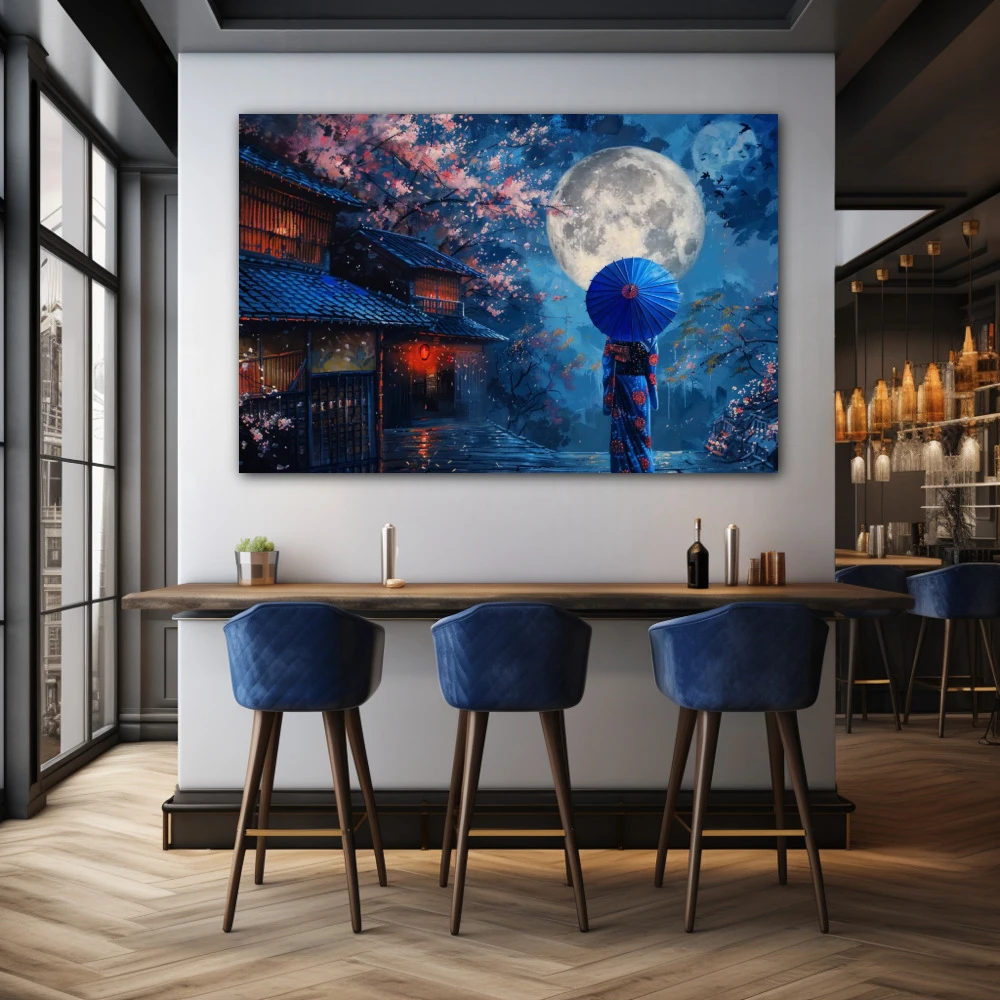 Wall Art titled: Guardian of Serenity in a Horizontal format with: Blue, Pink, and Navy Blue Colors; Decoration the Bar wall