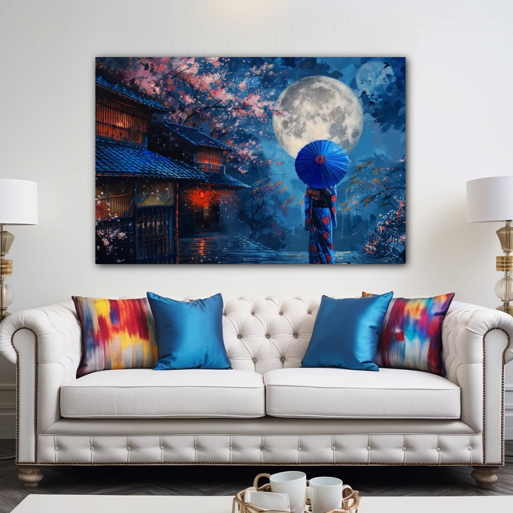 Cuadro guardiana de la serenidad en formato horizontal con colores azul, rosa; decorando pared de encima del sofá