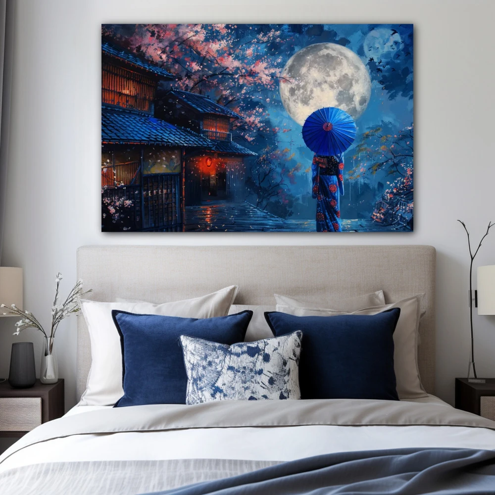 Cuadro guardiana de la serenidad en formato horizontal con colores azul, rosa; decorando pared de habitación dormitorio