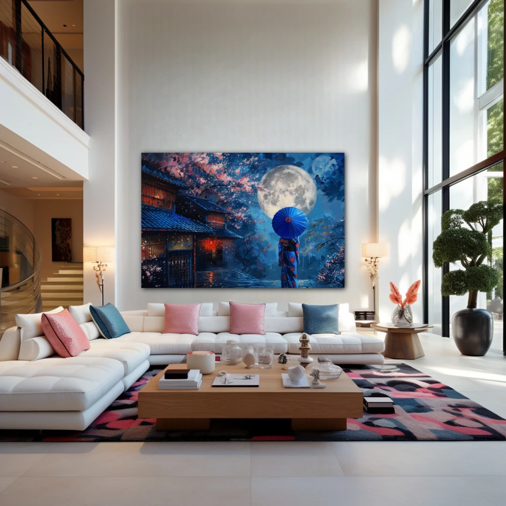 Cuadro guardiana de la serenidad en formato horizontal con colores azul, rosa; decorando pared de salón comedor