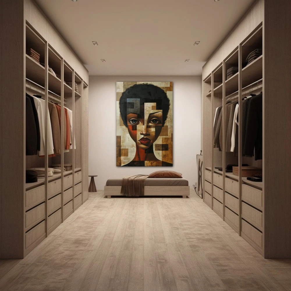 Cuadro esencia fragmentada en formato vertical con colores marrón, beige; decorando pared de vestidor