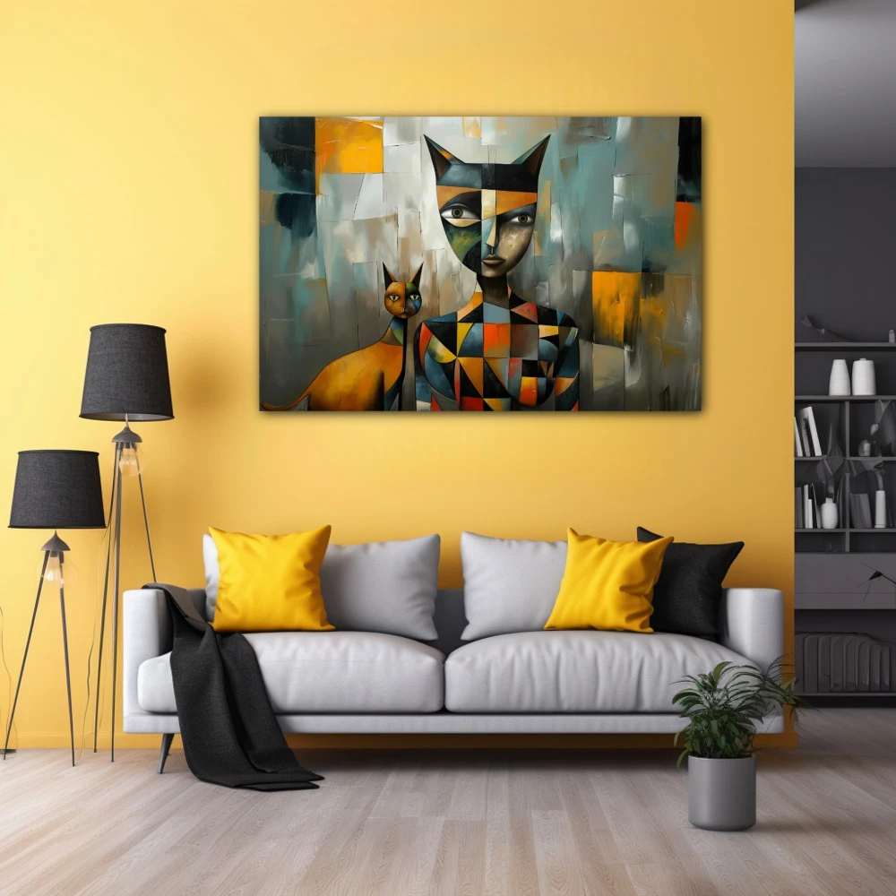 Cuadro puzzle de identidad felina en formato horizontal con colores gris, naranja, vivos; decorando pared amarilla