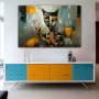 Wall Art titled: Puzzle of Feline Identity in a Horizontal format with: Grey, Orange, and Vivid Colors; Decoration the Sideboard wall