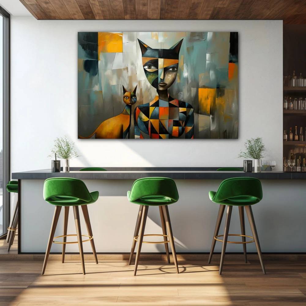 Cuadro puzzle de identidad felina en formato horizontal con colores gris, naranja, vivos; decorando pared de bar