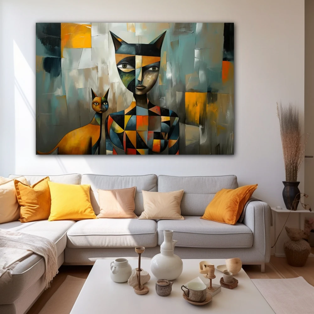 Wall Art titled: Puzzle of Feline Identity in a Horizontal format with: Grey, Orange, and Vivid Colors; Decoration the White Wall wall