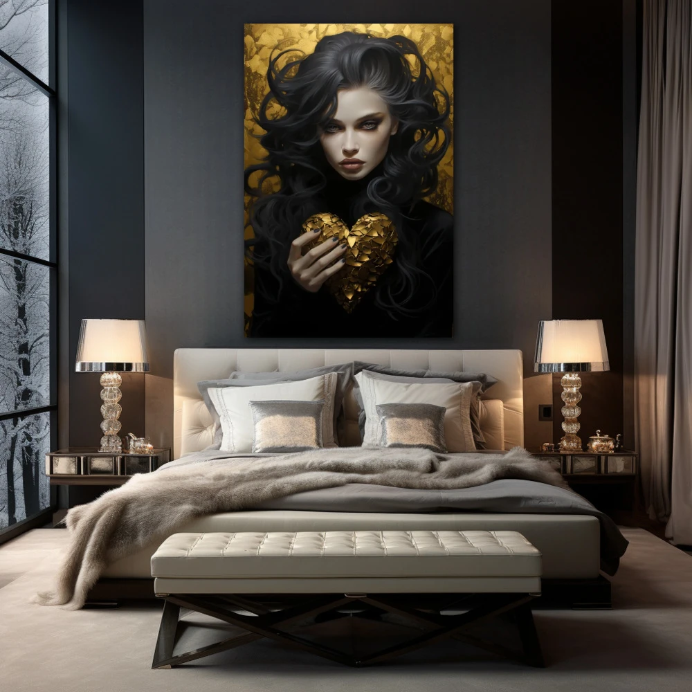 Cuadro sombra dorada del alma en formato vertical con colores dorado, negro; decorando pared de habitación dormitorio
