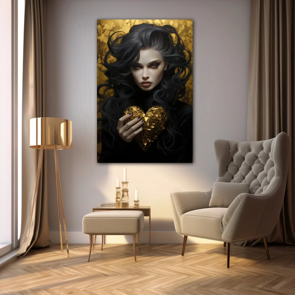 Cuadro sombra dorada del alma en formato vertical con colores dorado, negro; decorando pared de salón comedor
