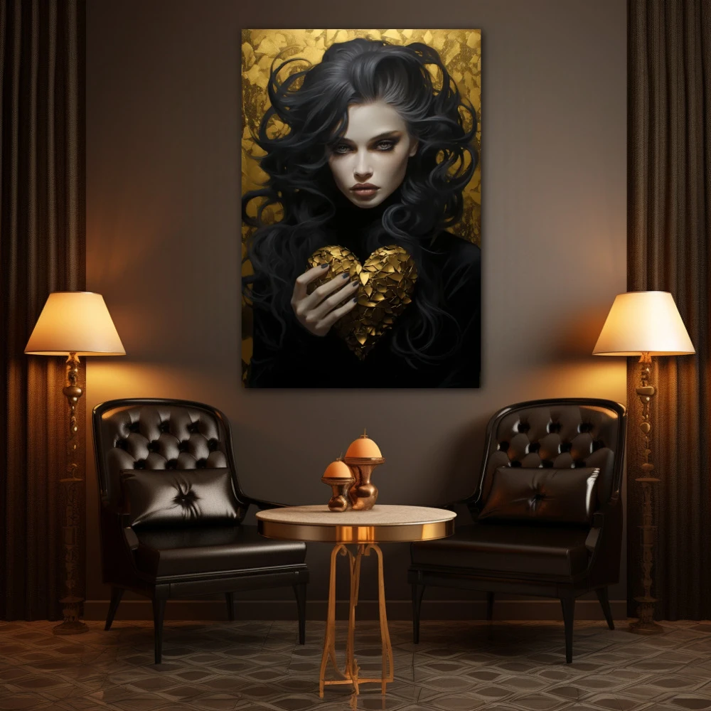 Cuadro sombra dorada del alma en formato vertical con colores dorado, negro; decorando pared de salón comedor