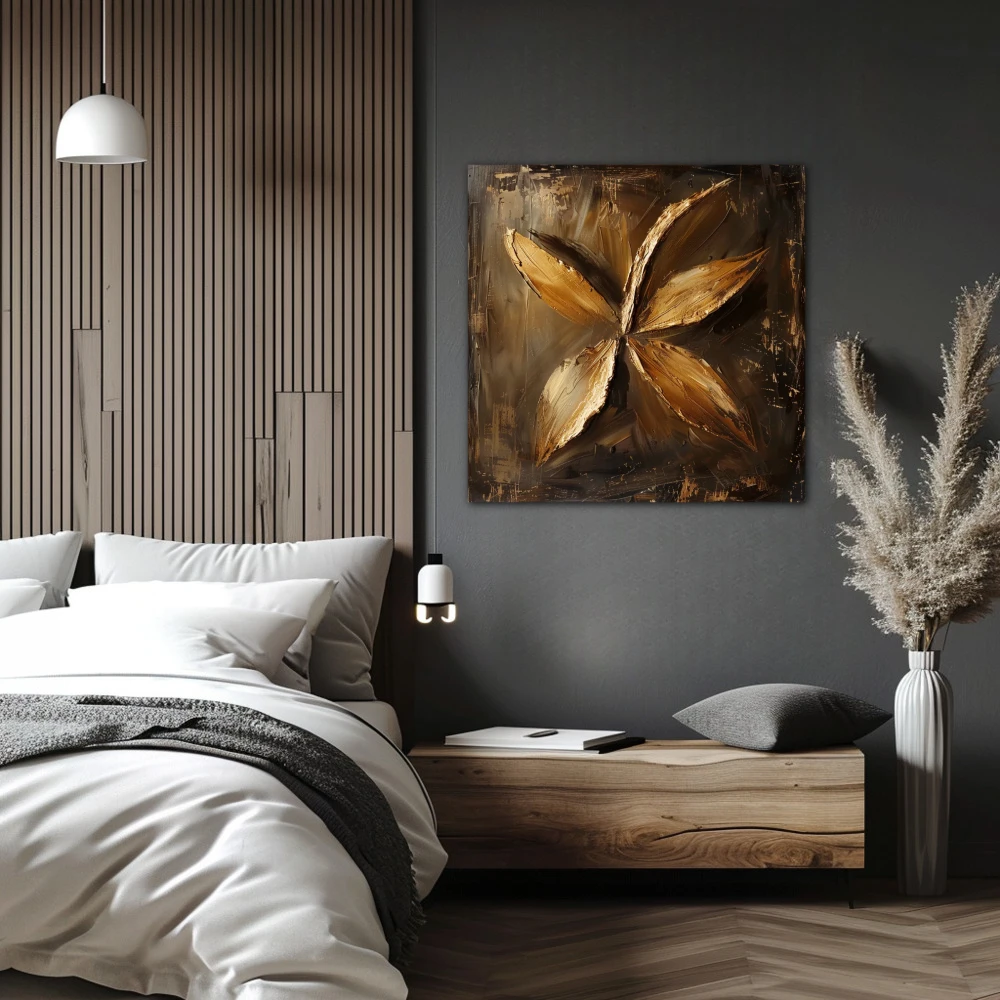 Wall Art titled: Floral Dance in a Square format with: Golden, and Brown Colors; Decoration the Bedroom wall