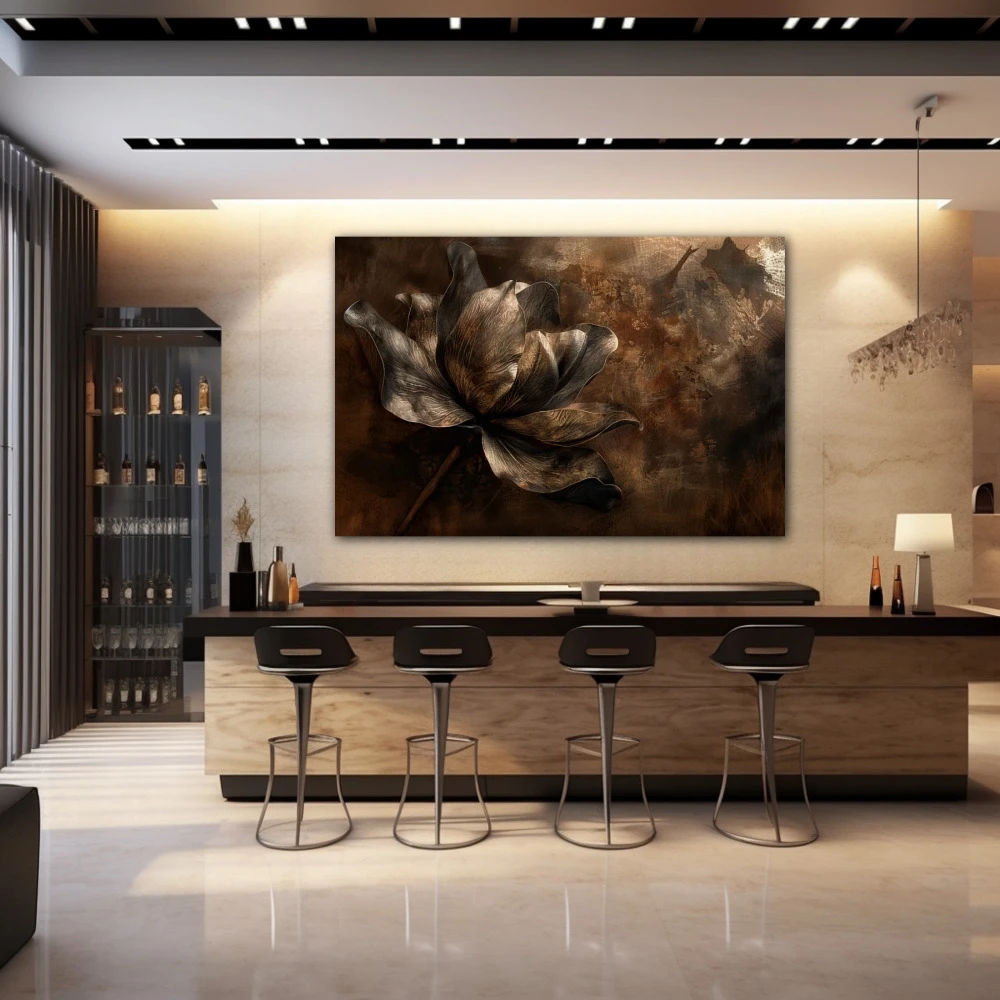 Cuadro susurros cobrizos en formato horizontal con colores marrón, monocromático; decorando pared de bar