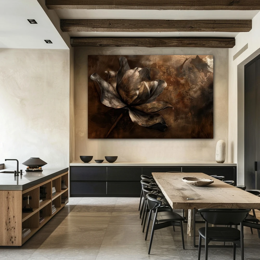 Cuadro susurros cobrizos en formato horizontal con colores marrón, monocromático; decorando pared de cocina